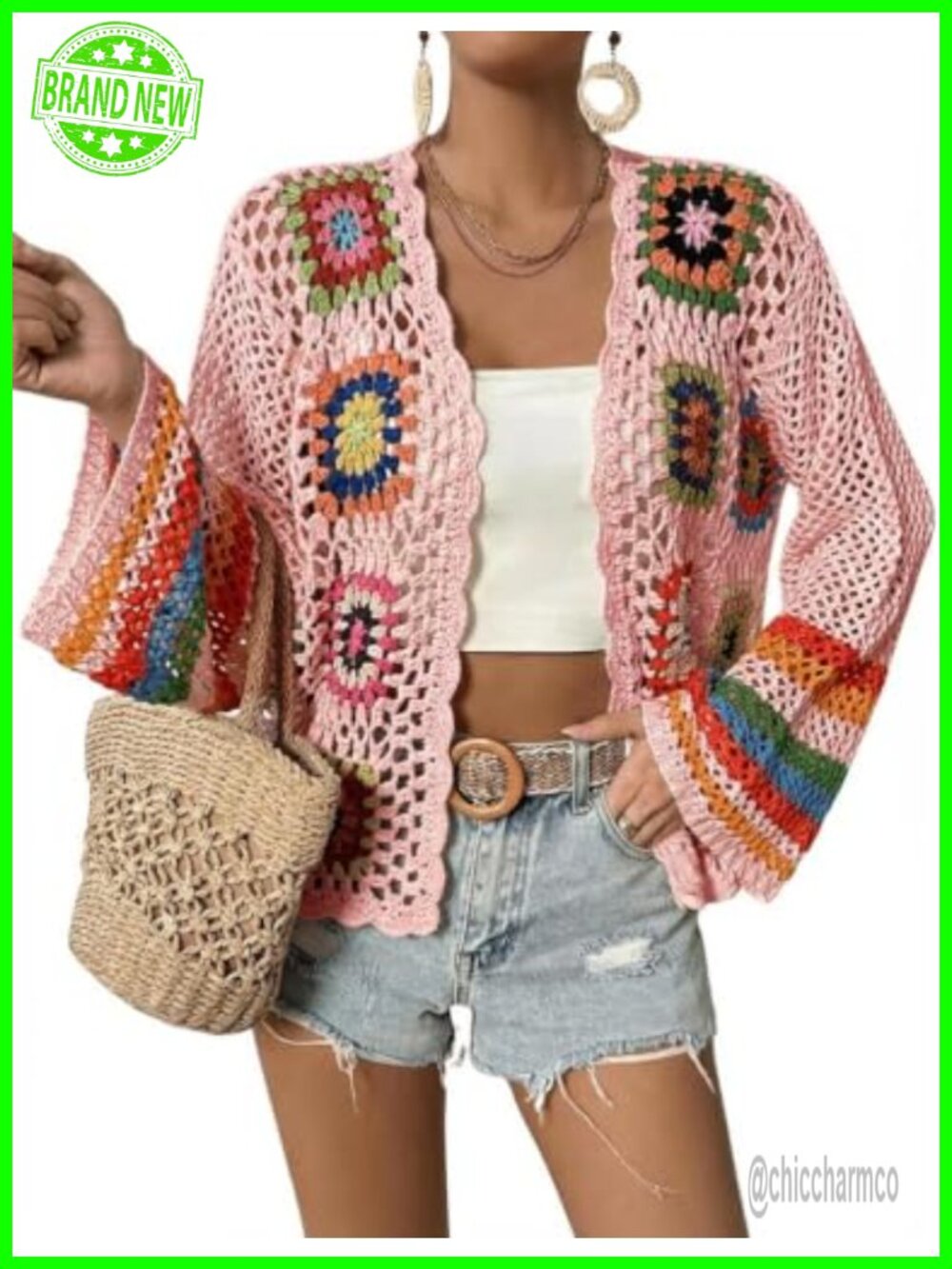 Crochet Cardigan Boho Open Front Long Sleeve Knit Sweater